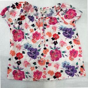 St Johns Bay Womens PL Petite Floral Peasant Blouse Pink Purple Short Sleeve Top